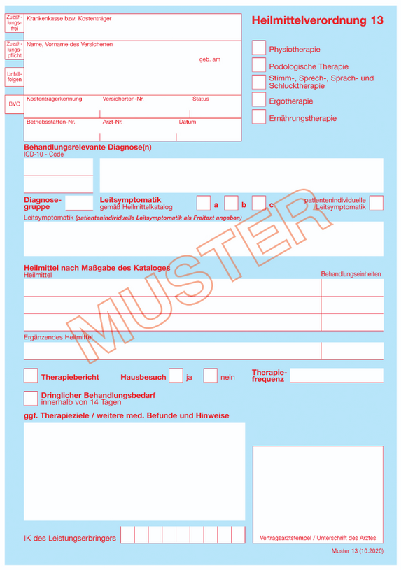 Heilmittelverordnung für logopädische Behandlung – Musterformular für ärztliche Verordnung.
